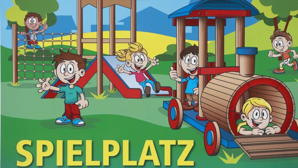 Aussenbereich der Dampflokwerkstatt eröffnet: 19.07.2024, Sachsen-Anhalt, Wernigerode: Ein Schild weist auf den Spielplatz hin. Ein neuer Erlebnisspielplatz ist Bestandteil des Aussenbereiches der neuen Dampflokwerkstatt der Harzer Schmalspurbahnen GmbH in Wernigerode. Mit Fertigstellung der Außenanlagen sind Baumaßnahmen an der Dampflokwerkstatt der HSB komplett beendet. Foto: Matthias Bein/dpa +++ dpa-Bildfunk +++