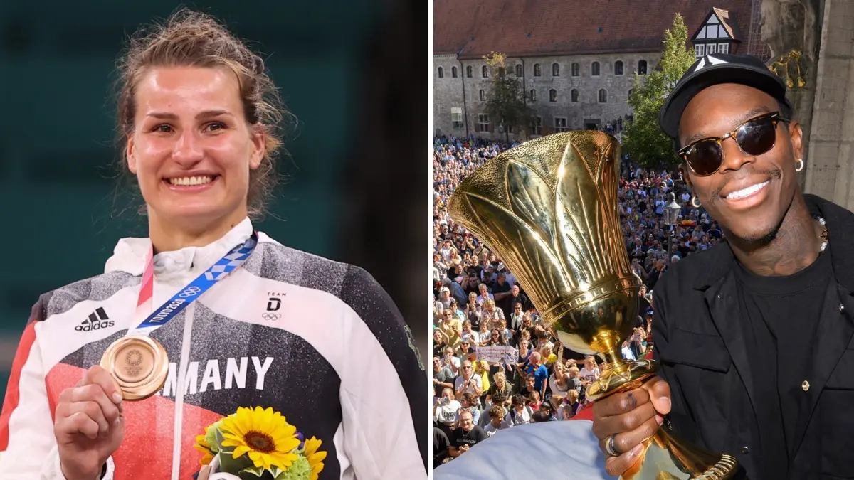 Paris 2024 - Fahnenträger Deutschland: ARCHIV - 23.07.2024, --, ---: Vor den Olympischen Sommerspielen, Olympia Paris 2024, die zweiteilige Bildkombo zeigt Judoka Anna-Maria Wagner (Foto vom 29.07.2021) mit ihrer Olympia-Bronzemedaille und Basketballer Dennis Schröder (Foto vom 15.09.2023) mit dem WM-Pokal. (zu "Basketballer Schröder und Judoka Wagner tragen Fahne"). Foto: Julian Stratenschulte/Oliver Weiken/dpa +++ dpa-Bildfunk +++