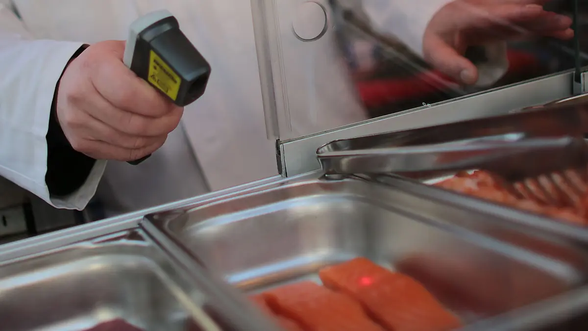 ARCHIV - 09.12.2015, Nordrhein-Westfalen, Aachen: Ein Lebensmittelkontrolleur mißt die Temperatur von Lachsfilets. (zu dpa «Lebensmittelkontrollen - Bezirken fehlt es an Personal») Foto: Oliver Berg/dpa +++ dpa-Bildfunk +++