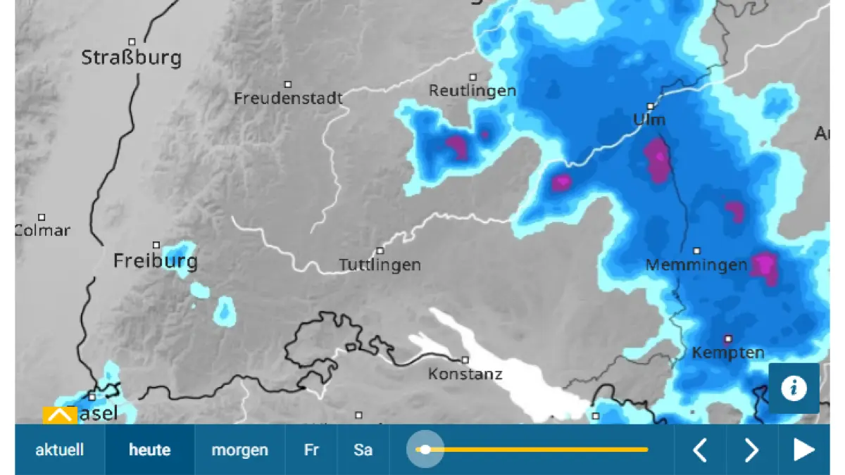 Südlich von Ulm dürften die Regenschauer zeitweise stärker ausfallen.