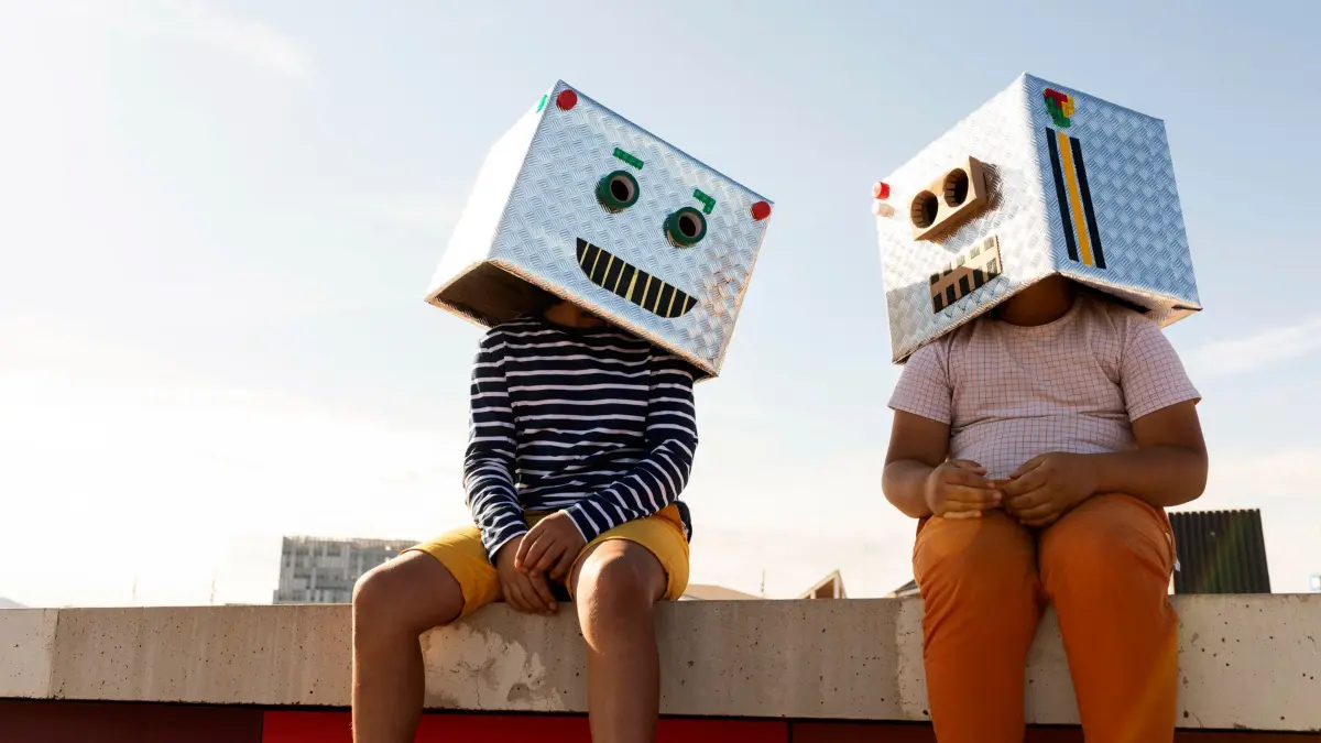 Kinder tragen Roboterkostüme: ILLUSTRATION - Darauf muss man erst mal kommen: Kinder sind meist kreativ, Erwachsene können es (wieder) lernen. (zu dpa: «Ich lass' mir etwas einfallen: So wird Kreativsein leichter») Foto: Valentina Barreto/Westend61/dpa-tmn - ACHTUNG: Nur zur redaktionellen Verwendung im Zusammenhang mit dem genannten Text und nur bei vollständiger Nennung des vorstehenden Credits - Honorarfrei nur für Bezieher des dpa-Themendienstes +++ dpa-Themendienst +++