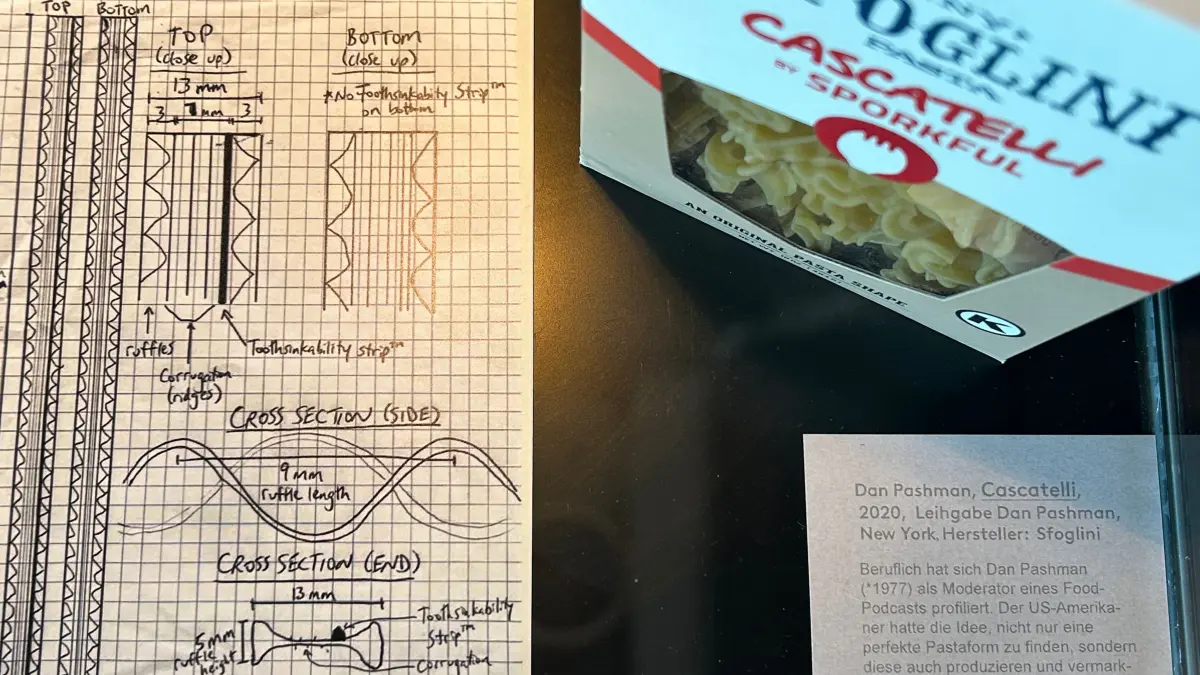Die von Dan Pashman entworfenen "Cascatelli" sind in einer Vitrine zu sehen.