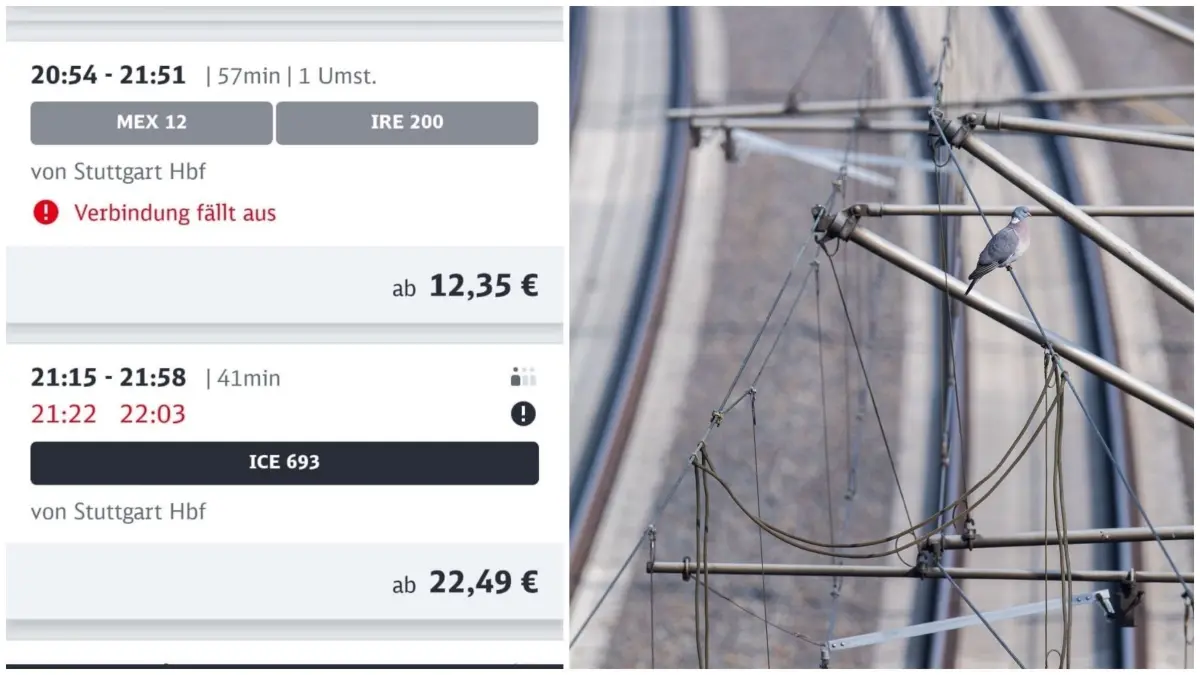 Collage Zugausfälle Stuttgart - Ulm. Aufgrund einer Reparatur an einer Oberleitung in Esslingen ist der Zugverkehr beeinträchtigt. (Symbolbild)
