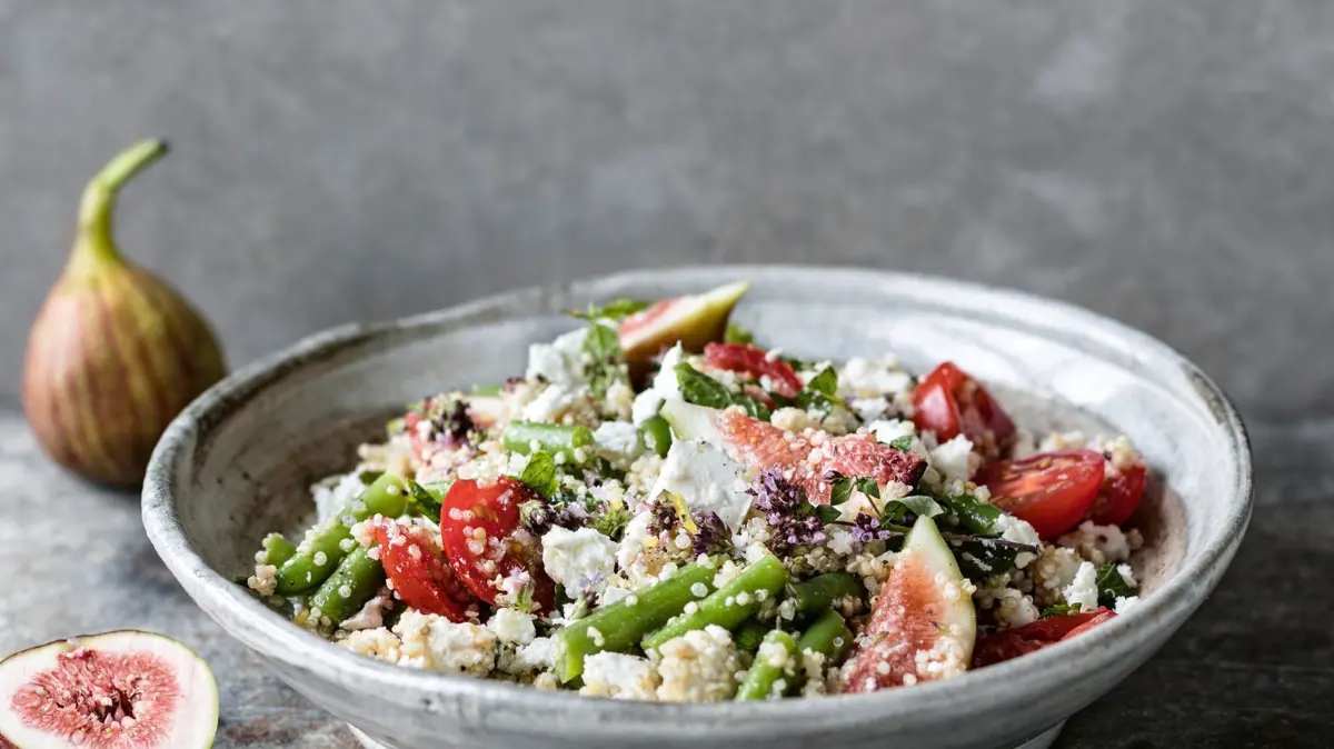 Quinoa-Salat mit Feigen, Feta und grünen Bohnen: HANDOUT - Sieht aus wie ein Spätsommer-Gedicht: Quinoa-Salat mit Feigen, Feta und grünen Bohnen. (zu dpa: «Quinoa-Salat mit Feigen, Feta und grünen Bohnen») Foto: Wolfgang Schardt/BJVV/dpa-mag - ACHTUNG: Nur zur redaktionellen Verwendung im Zusammenhang mit dem genannten Text und nur bei vollständiger Nennung des vorstehenden Credits - Honorarfrei nur für Bezieher des Dienstes dpa-Magazin +++ dpa-Magazin +++