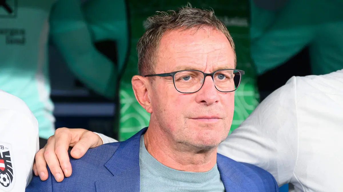 Austria?s head coach Ralf Rangnick looks on prior to the kick off of the Group B3 Nations League football match between Slovenia and Austria at The Stadium Stozice in Ljubljana on September 6, 2024. (Photo by Jure Makovec / AFP)