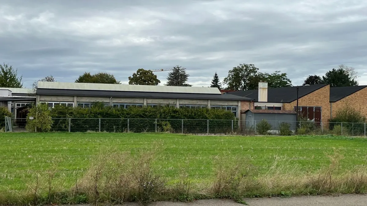 Foto vom Gelände des Hoeckle-Areals; grüne Wiese mit leerstehender Fabrik im Hintergrund
