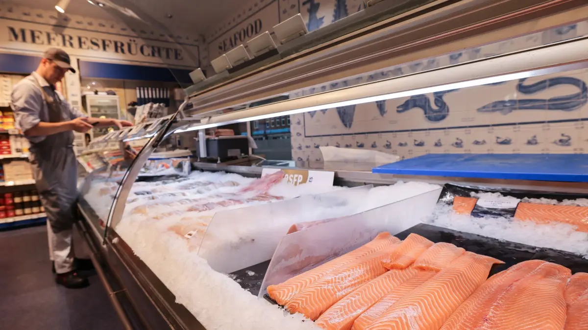 Frischer Lachs liegt in einer Auslage der Fischtheke