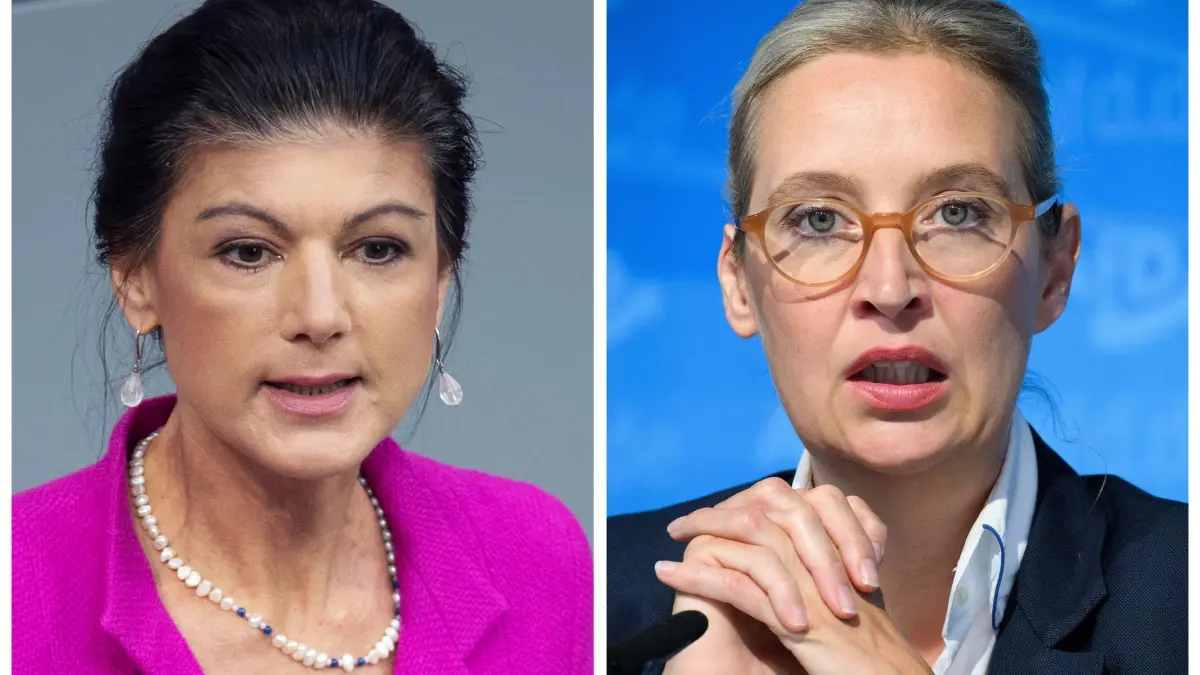 Politikerinnen Wagenknecht und Weidel: ARCHIV - 02.10.2024, Berlin: KOMBO - Sahra Wagenknecht (l), Parteivorsitzende des BSW, spricht am 13.03.2024 bei der 157. Sitzung des Bundestages, und Alice Weidel, Bundesvorsitzende der AfD, äußert sich am 02.09.2024 bei einer Pressekonferenz in der AfD-Bundesgeschäftsstelle zu den Ergebnissen der Landtagswahlen in Sachsen und Thüringen. (zu dpa: «Weidel: TV-Duell mit Wagenknecht kein Anlass zum Streiten») Foto: J. Penschek/B. von Jutrczenka/dpa +++ dpa-Bildfunk +++
