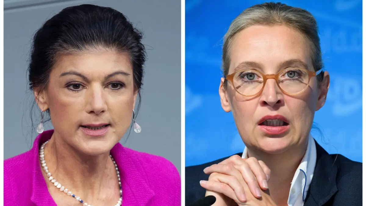 Politikerinnen Wagenknecht und Weidel: ARCHIV - 02.10.2024, Berlin: KOMBO - Sahra Wagenknecht (l), Parteivorsitzende des BSW, spricht am 13.03.2024 bei der 157. Sitzung des Bundestages, und Alice Weidel, Bundesvorsitzende der AfD, äußert sich am 02.09.2024 bei einer Pressekonferenz in der AfD-Bundesgeschäftsstelle zu den Ergebnissen der Landtagswahlen in Sachsen und Thüringen. (zu dpa: «Weidel: TV-Duell mit Wagenknecht kein Anlass zum Streiten») Foto: J. Penschek/B. von Jutrczenka/dpa +++ dpa-Bildfunk +++