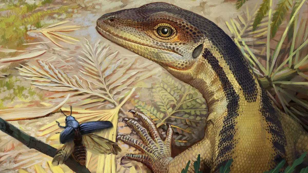 Hypothetischer Reptilienvorfahre, der das feine Geräusch eines Insektes mit seinem Trommelfell wahrnimmt.