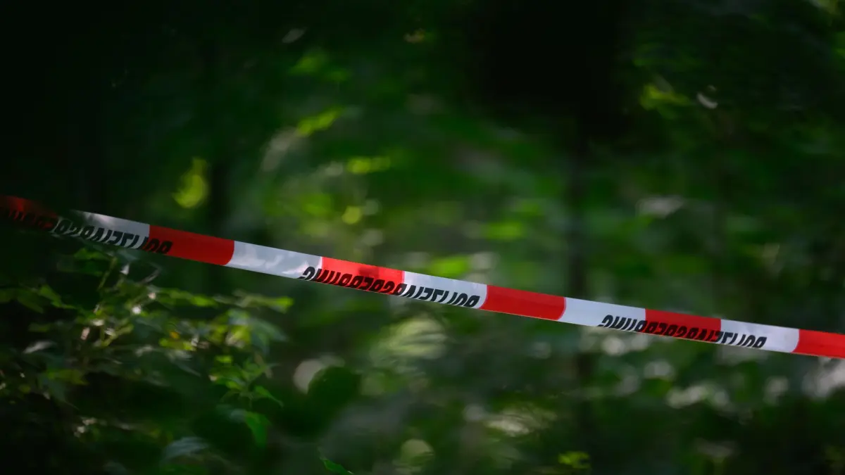 12.06.2024, Sachsen, Döbeln: Absperrband der Polizei ist in einem Wald gespannt. In einem Waldstück bei Döbeln wurde die Leiche der vermissten neunjährigen Valeriia gefunden. (zu dpa: «Noch kein Tatverdächtiger im Fall der getöteten Valeriia ermittelt») Foto: Robert Michael/dpa +++ dpa-Bildfunk +++