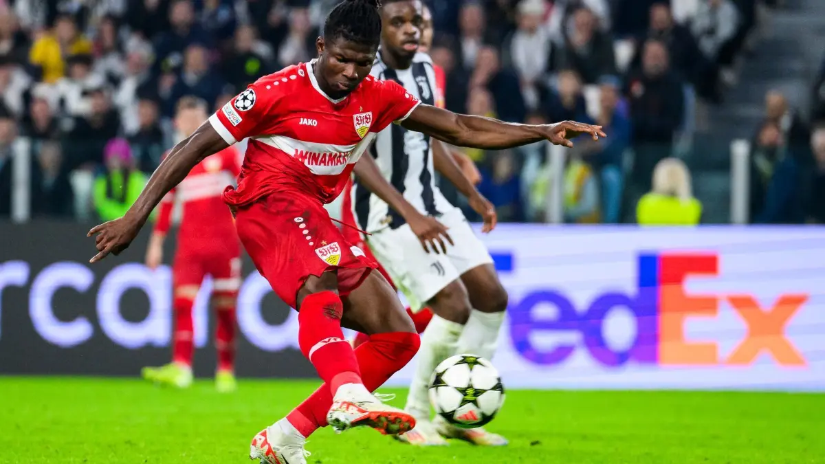 Juventus Turin - VfB Stuttgart: 22.10.2024, Italien, Turin: Fußball: Champions League, Juventus Turin - VfB Stuttgart, Vorrunde, 3. Spieltag, Allianz Stadium. Stuttgarts El Bilal Toure macht das Tor zum 0:1. (zu dpa: «Mit Touré gegen Kiel? VfB vor mentaler Herausforderung») Foto: Tom Weller/dpa +++ dpa-Bildfunk +++