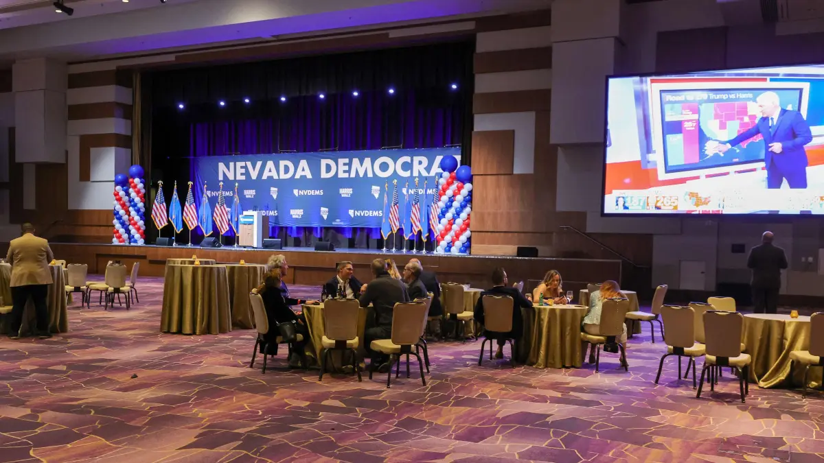 Nevada Democrats Hold Their Election Night Event In Las Vegas: LAS VEGAS, NEVADA - NOVEMBER 05: A small number of guests are seated at the Nevada Democratic Party's election results watch party at Aria Resort & Casino on November 05, 2024 in Las Vegas, Nevada. Today, voters cast their ballots to determine whether Democratic presidential nominee and U.S. Vice President Kamala Harris or Republican presidential nominee and former U.S. President Donald Trump will become the next President of the United States as well as multiple state elections that will determine the balance of power in Congress. Ethan Miller/Getty Images/AFP (Photo by Ethan Miller / GETTY IMAGES NORTH AMERICA / Getty Images via AFP)