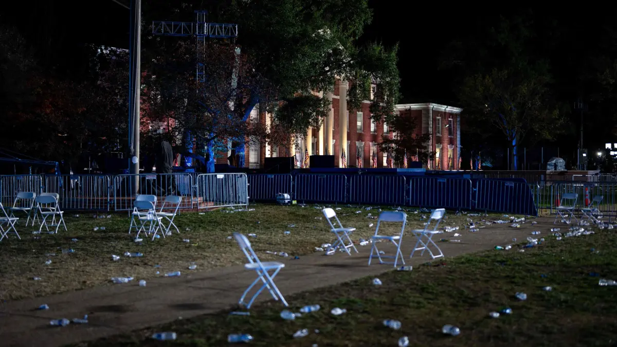 Democratic Presidential Nominee Vice President Kamala Harris Holds Election Night Event At Howard University: WSHINGTON, DC - NOVEMBER 06: Chairs and trash sit in an empty field after the election night watch party for Democratic presidential nominee, U.S. Vice President Kamala Harris at Howard University on November 06, 2024 in Wshington, DC. Americans cast their ballots today in the presidential race between Republican nominee former President Donald Trump and Vice President Kamala Harris, as well as multiple state elections that will determine the balance of power in Congress. (Kent Nishimura/Getty Images) (Photo by Kent Nishimura / GETTY IMAGES NORTH AMERICA / Getty Images via AFP)