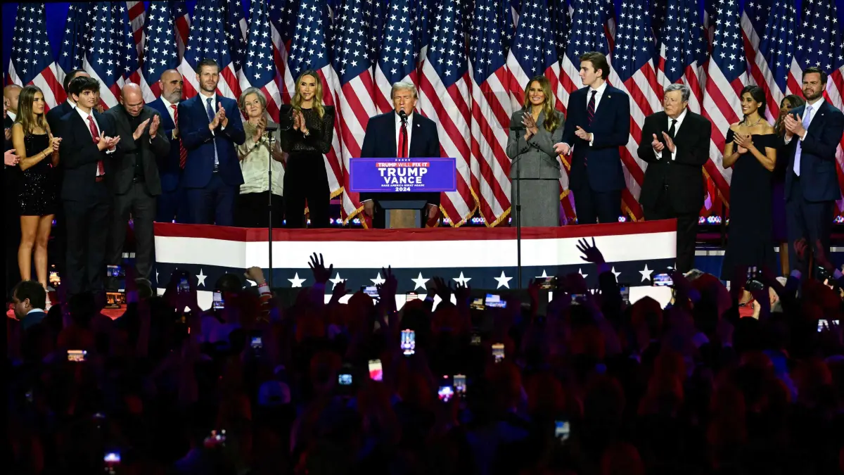 Former US President and Republican presidential candidate Donald Trump speaks during an election night event at the West Palm Beach Convention Center in West Palm Beach, Florida, on November 6, 2024. Republican former president Donald Trump closed in on a new term in the White House early November 6, 2024, just needing a handful of electoral votes to defeat Democratic Vice President Kamala Harris. (Photo by Jim WATSON / AFP)