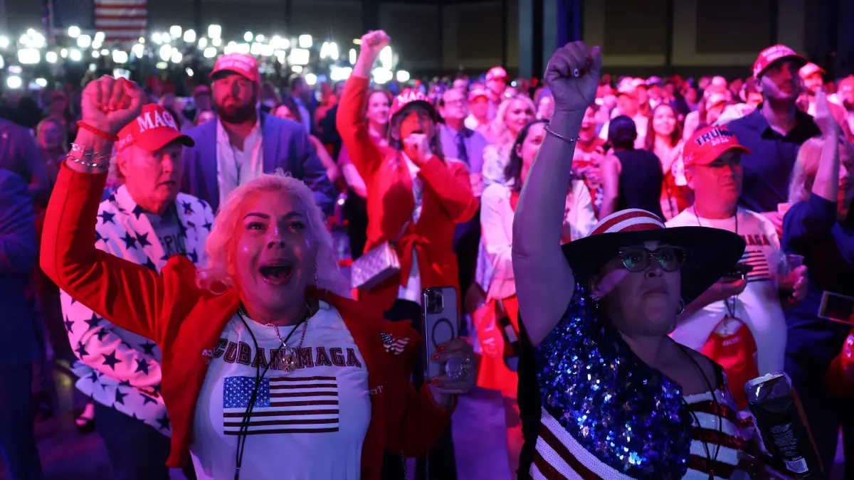 Republican Presidential Nominee Donald Trump Holds Election Night Event In West Palm Beach: WEST PALM BEACH, FLORIDA - NOVEMBER 05: Supporters react while watching returns come in during an election night watch party for Republican presidential nominee, former U.S. President Donald Trump at the Palm Beach Convention Center on November 05, 2024 in West Palm Beach, Florida. Americans cast their ballots today in the presidential race between Republican nominee former President Donald Trump and Vice President Kamala Harris, as well as multiple state elections that will determine the balance of power in Congress. Win McNamee/Getty Images/AFP (Photo by WIN MCNAMEE / GETTY IMAGES NORTH AMERICA / Getty Images via AFP)