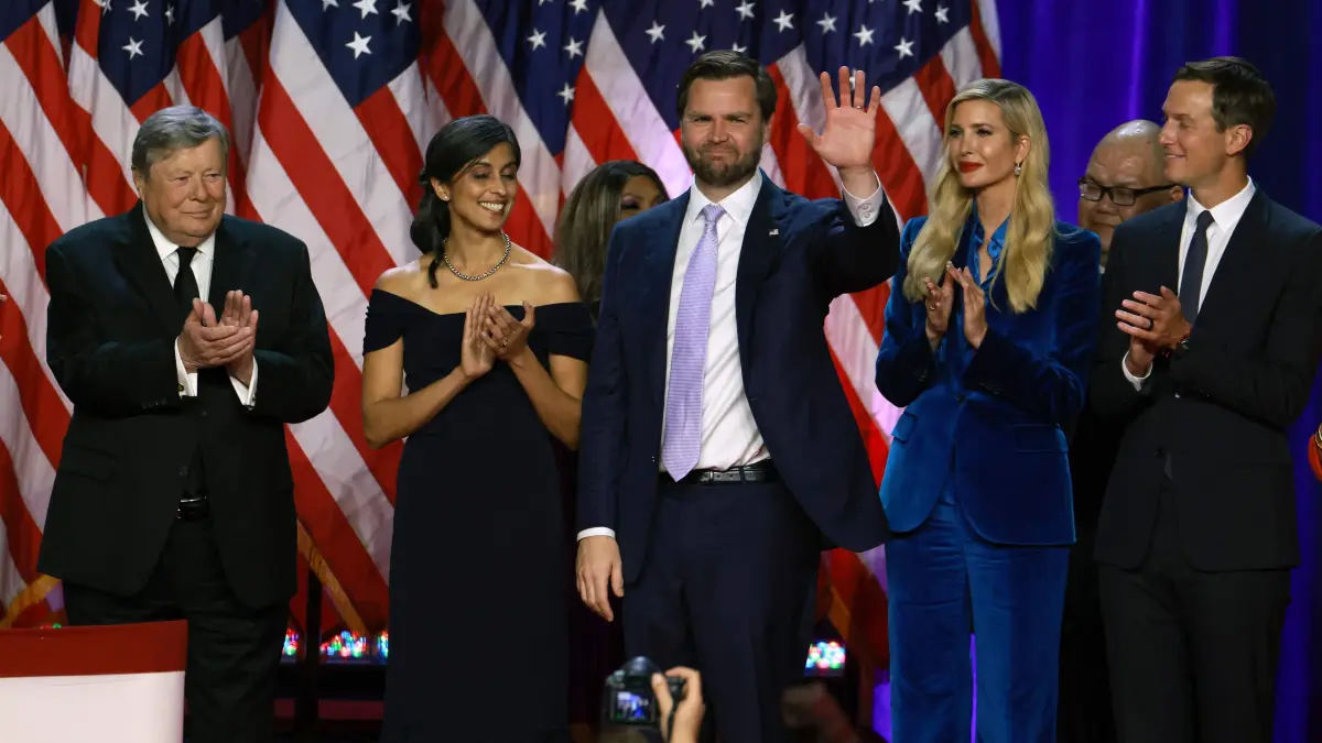 Republican Presidential Nominee Donald Trump Holds Election Night Event In West Palm Beach: WEST PALM BEACH, FLORIDA - NOVEMBER 06: Republican vice presidential nominee, U.S. Sen. J.D. Vance (R-OH) is introduced by Republican presidential nominee, former U.S. President Donald Trump during an election night event at the Palm Beach Convention Center on November 06, 2024 in West Palm Beach, Florida. Americans cast their ballots today in the presidential race between Republican nominee former President Donald Trump and Vice President Kamala Harris, as well as multiple state elections that will determine the balance of power in Congress. Joe Raedle/Getty Images/AFP (Photo by JOE RAEDLE / GETTY IMAGES NORTH AMERICA / Getty Images via AFP)