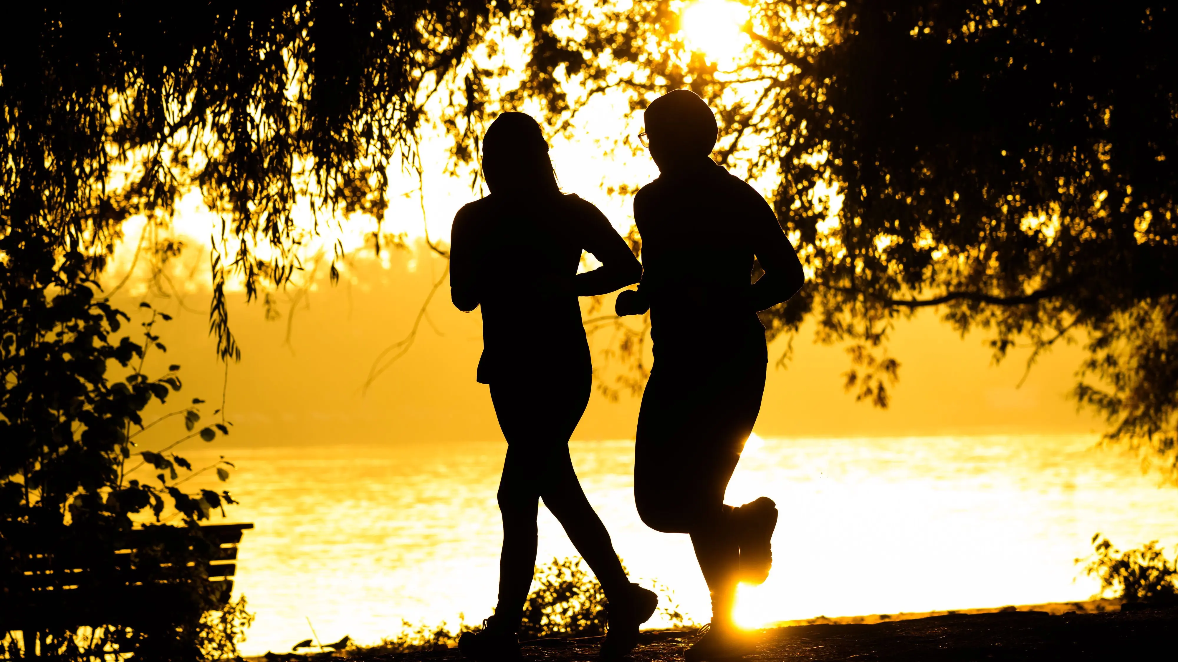 Zwei Frauen joggen bei Sonnenaufgang um den Maschsee. +++ dpa-Bildfunk +++