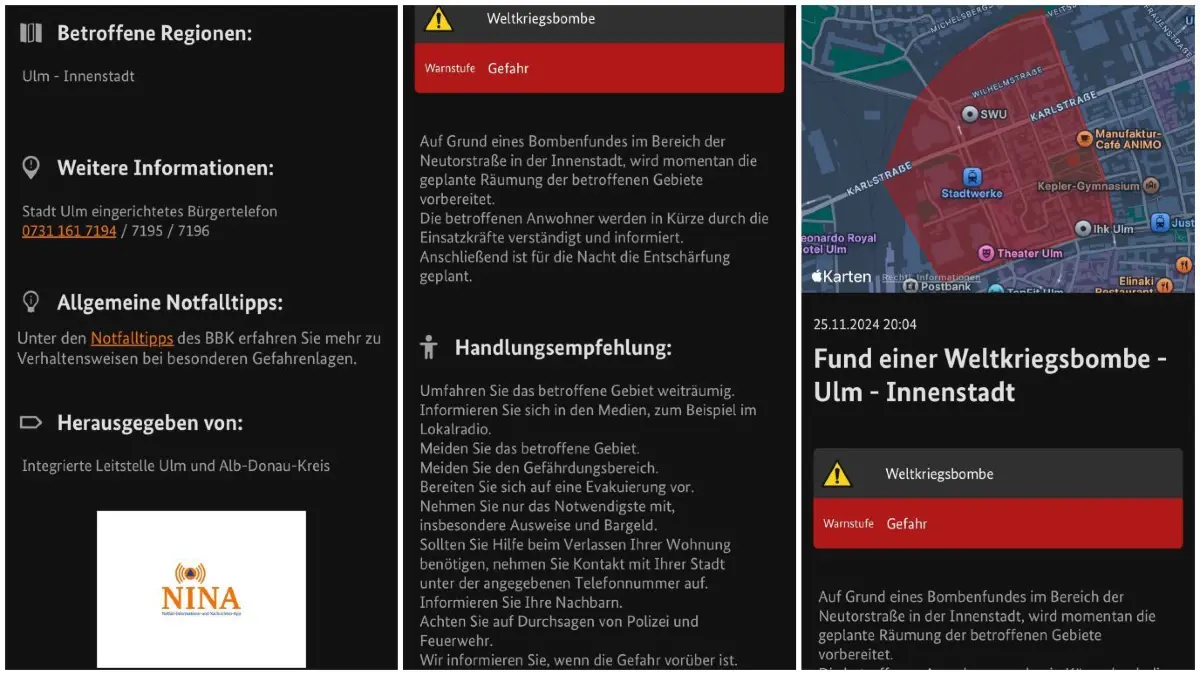 Warn-App NINA informiert über den Bombenfund in Ulm.