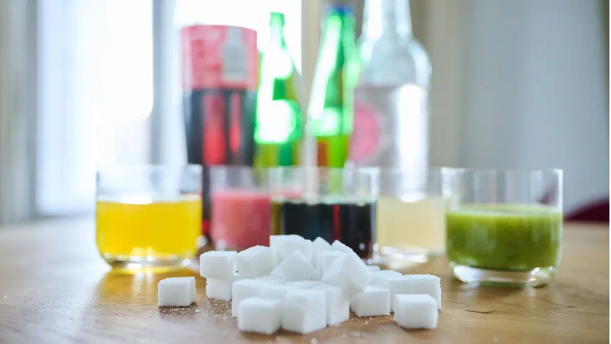 ILLUSTRATION - 06.01.2025, Berlin: Illustration: Fünf unterschiedliche Arten Softdrinks und die Flaschen dazu stehen zusammen mit Zuckerwürfel auf einem Tisch. (zu dpa: «Softdrinks erhöhen Risiko für Diabetes und Herz-Kreislauf-Krankheiten») Foto: Annette Riedl/dpa +++ dpa-Bildfunk +++