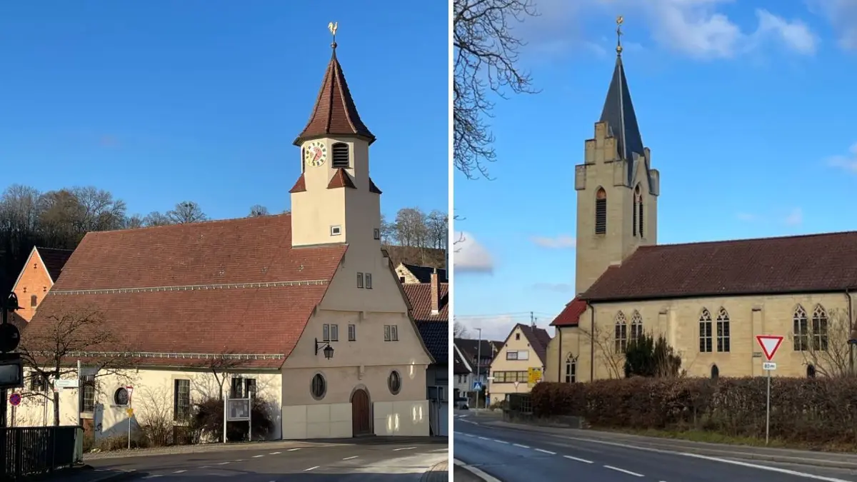 Im Jahr 1760 wurde die ehemalige Kelter in Reusten zur evangelischen Kirche geweiht (links).