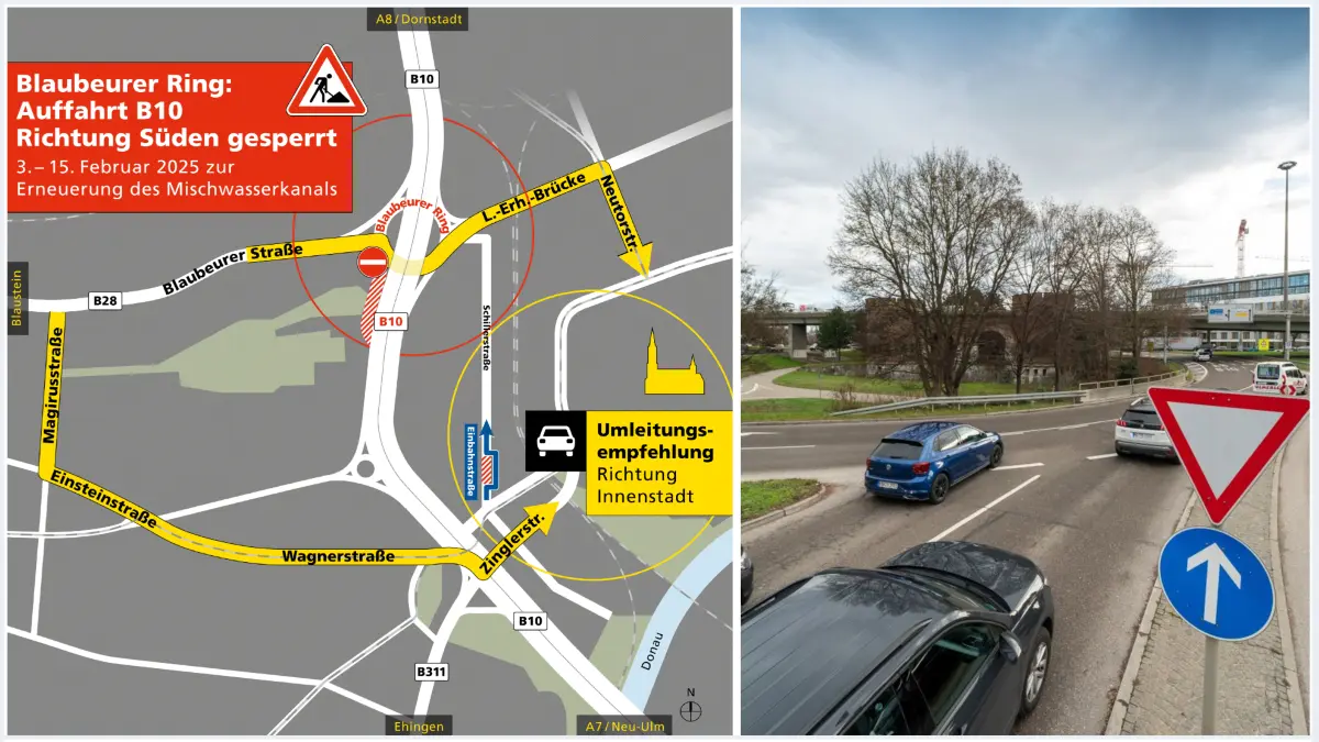 Anfang Februar muss die B10-Auffahrt am Blaubeurer Ring in Richtung Süden (Ehinger Tor) komplett gesperrt werden. Die Stadt Ulm gibt bestimmte Umleitungsempfehlungen stadteinwärts sowie stadtauswärts.