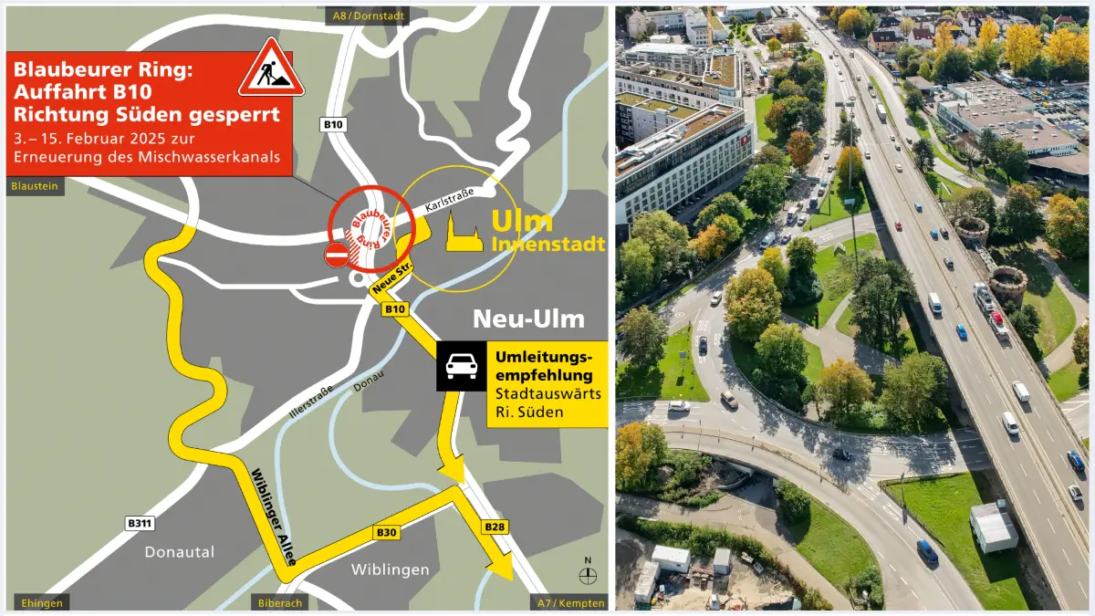 Anfang Februar muss die B10-Auffahrt am Blaubeurer Ring in Richtung Süden (Ehinger Tor) komplett gesperrt werden. Die Stadt Ulm gibt bestimmte Umleitungsempfehlungen stadteinwärts sowie stadtauswärts.