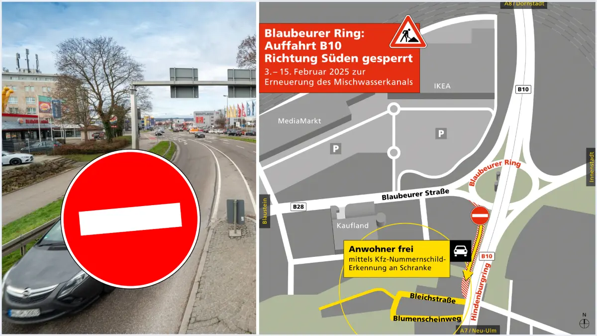 Anfang Februar muss die B10-Auffahrt am Blaubeurer Ring in Richtung Süden (Ehinger Tor) komplett gesperrt werden. Die Stadt Ulm gibt bestimmte Umleitungsempfehlungen stadteinwärts sowie stadtauswärts.