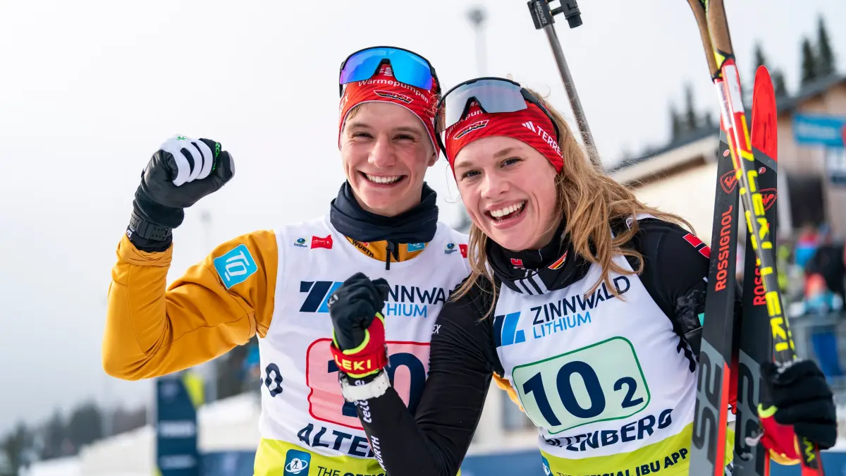 ALTENBERG, GERMANY - JANUARY 24: Linus Kesper of Germany and Charlotte Gallbronner of Germany in the finish after the Single Mixed Relay at the IBU Junior Open European Championship Altenberg on January 24, 2025 in Altenberg, Germany. (Photo by Niklas Härtig/VOIGT)