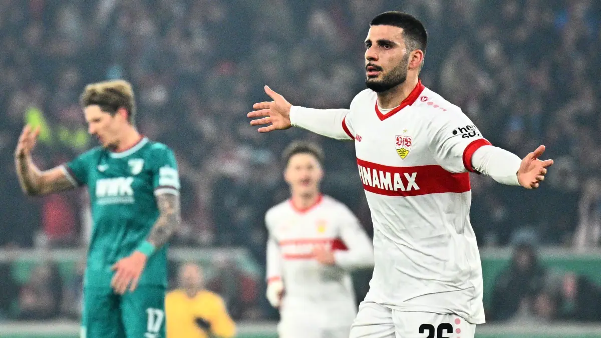 VfB Stuttgart - FC Augsburg: 04.02.2025, Baden-Württemberg, Stuttgart: Fußball, DFB-Pokal, VfB Stuttgart - FC Augsburg, Viertelfinale, MHPArena, Stuttgarts Deniz Undav bejubelt sein Tor zum 1:0. WICHTIGER HINWEIS: Gemäß den Vorgaben der DFL Deutsche Fußball Liga bzw. des DFB Deutscher Fußball-Bund ist es untersagt, in dem Stadion und/oder vom Spiel angefertigte Fotoaufnahmen in Form von Sequenzbildern und/oder videoähnlichen Fotostrecken zu verwerten bzw. verwerten zu lassen. Foto: Tom Weller/dpa +++ dpa-Bildfunk +++