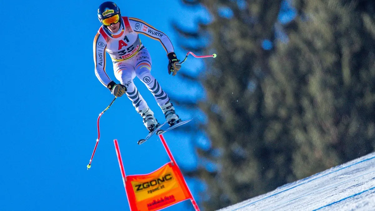 Ski alpin: Weltmeisterschaft: 08.02.2025, Österreich, Saalbach-Hinterglemm: Ski alpin: Weltmeisterschaft, Abfahrt, Herrn, drittes Training. Simon Jocher aus Deutschland beim dritten Training für das Abfahrtsrennen. Foto: Jens Büttner/dpa +++ dpa-Bildfunk +++