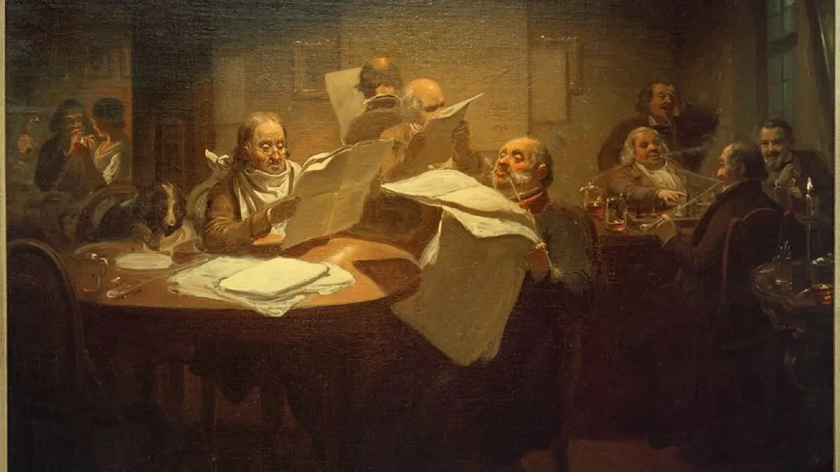Johann Peter Hasenclever, "Das Lesekabinett", um 1843, Öl auf Leinwand, 67 x 79 cm, Wuppertal, Stiftung Sammlung Vollmer
