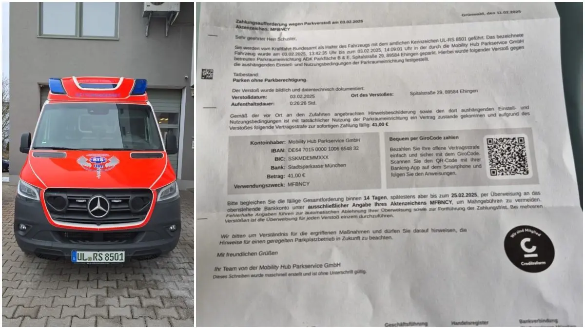 Weil sein Krankentransportwagen (links) am Klinikum Ehingen stand, um einen Patienten einzuliefern, bekam Ralph Schuster eine Zahlungsaufforderung über 41 Euro.