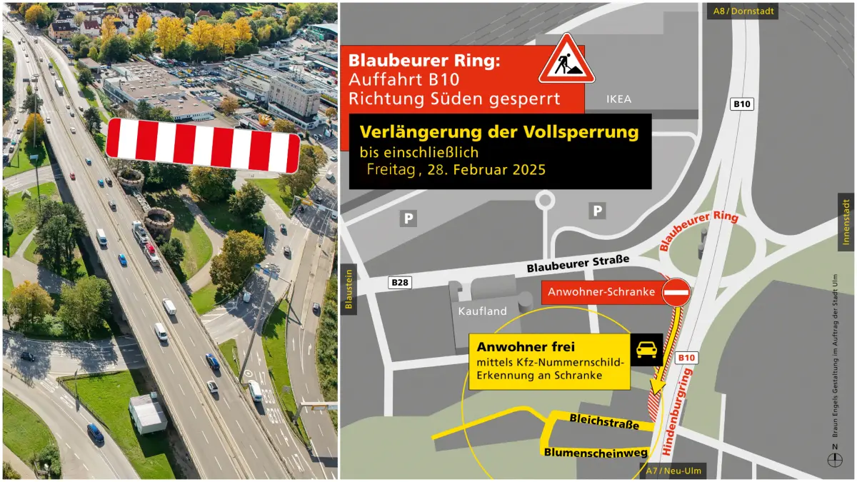 Die Vollsperrung der B10-Auffahrt am Blaubeurer Ring in Richtung Neu-Ulm dauert doch länger – bis einschließlich Samstag, den 22. Februar 2025.