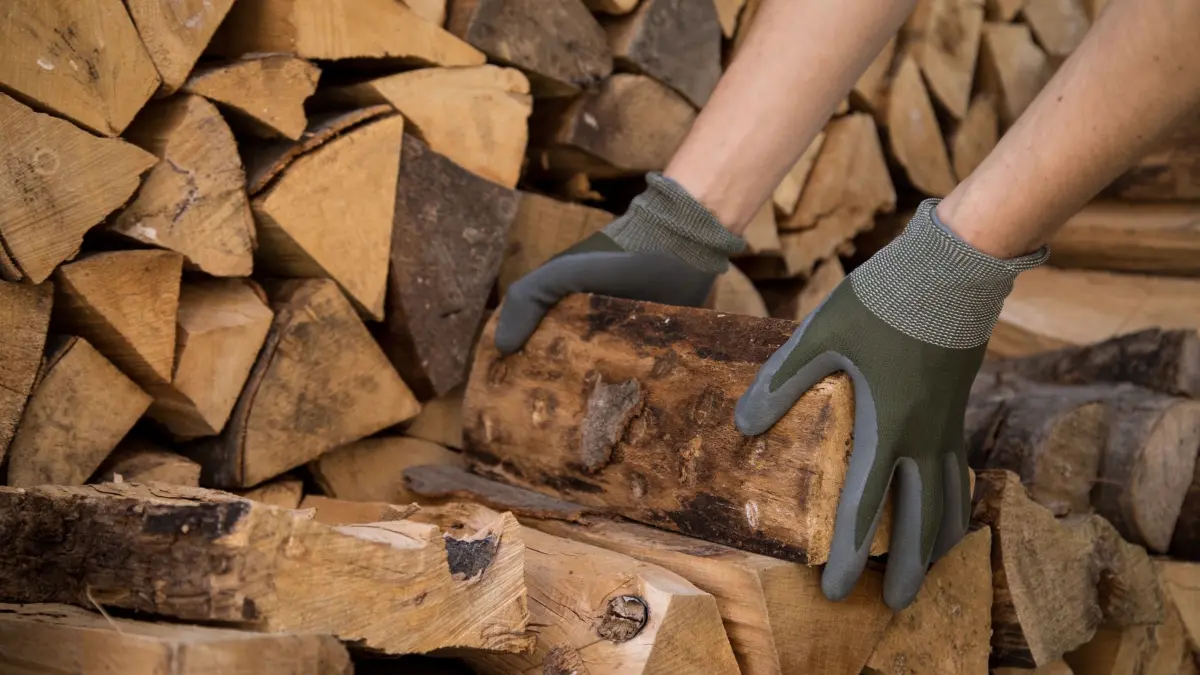 Mann stapelt Brennholz