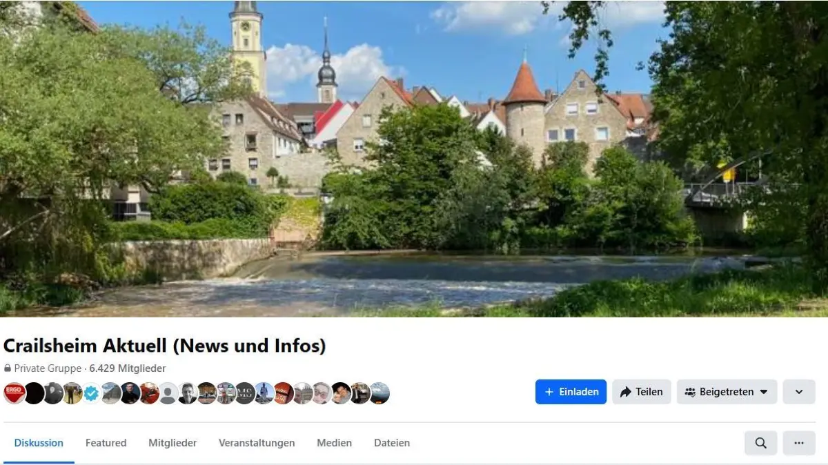 Startseite der Facebook-Gruppe "Crailsheim aktuell" mit über 6400 Mitgliedern.