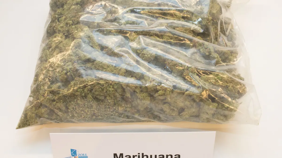 Marihuana: ARCHIV - 12.03.2015, NA, Hamburg: Ein Beutel mit einem Kilo der Droge Marihuana liegt am 13.03.2015 in Hamburg während einer Pressekonferenz der Bundesfinanzdirektion Nord auf dem Tisch. (zu dpa: «Cannabis statt Klavier - Haft für Beihilfe zum Drogenhandel») Foto: Daniel Bockwoldt/dpa +++ dpa-Bildfunk +++
