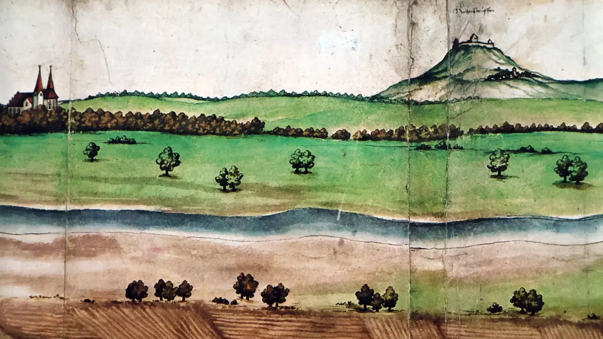 Eine Ansicht aus dem 16. Jahrhundert: Zu sehen sind der Hohenstaufen und die Oberhofenkirche, hier links im Bild.