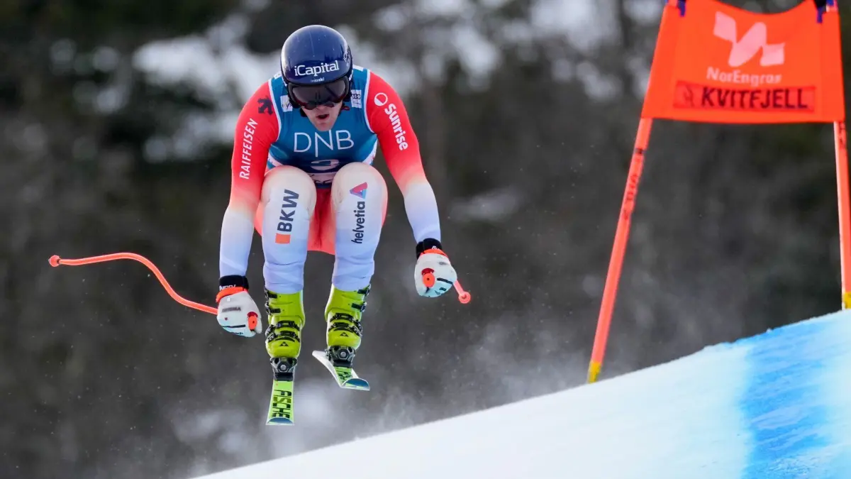 Ski Alpin: Weltcup: 08.03.2025, Norwegen, Kvitfjell: Ski alpin, Weltcup, Abfahrt, Herren: Der Schweizer Stefan Rogentin in Aktion. Foto: Cornelius Poppe/NTB/dpa +++ dpa-Bildfunk +++