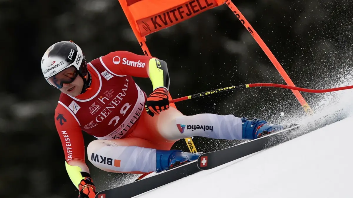 Ski Alpin: Weltcup: 09.03.2025, Norwegen, Kvitfjell: Ski Alpin, Weltcup, Super-G, Herren: Der Schweizer Lars Roesti in Aktion. Foto: Gabriele Facciotti/AP/dpa +++ dpa-Bildfunk +++