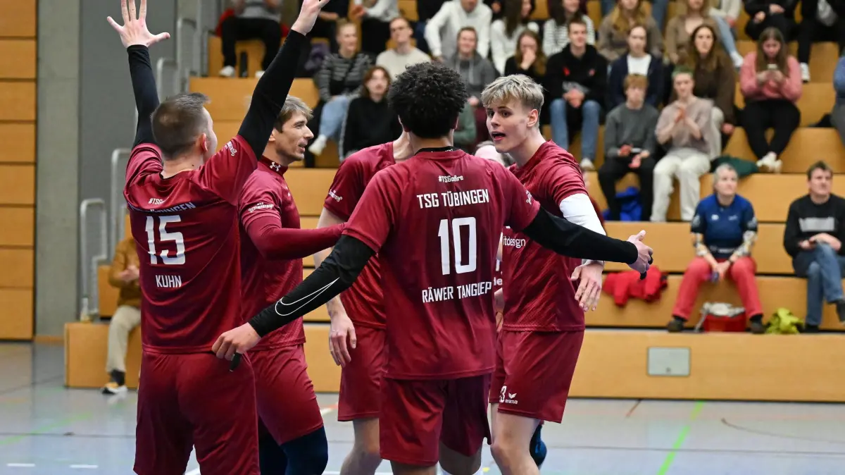 Volleyball 3. Liga Süd Männer, TSG Tübingen - SG BEG United: Volleyball 3. Liga Süd Männer, TSG Tübingen - SG BEG United, 16.03.2025 - Jubel TSG Tübingen
Foto: Axel Grundler
