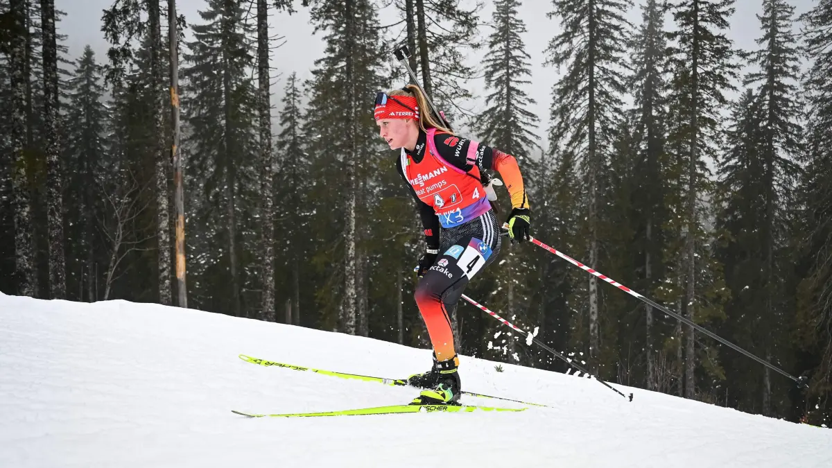 Germany?s Julia Tannheimer competes during the 4x6km Mixed Relay competition of the IBU Biathlon World Cup in Pokljuka on March 16, 2025. (Photo by Jure Makovec / AFP)