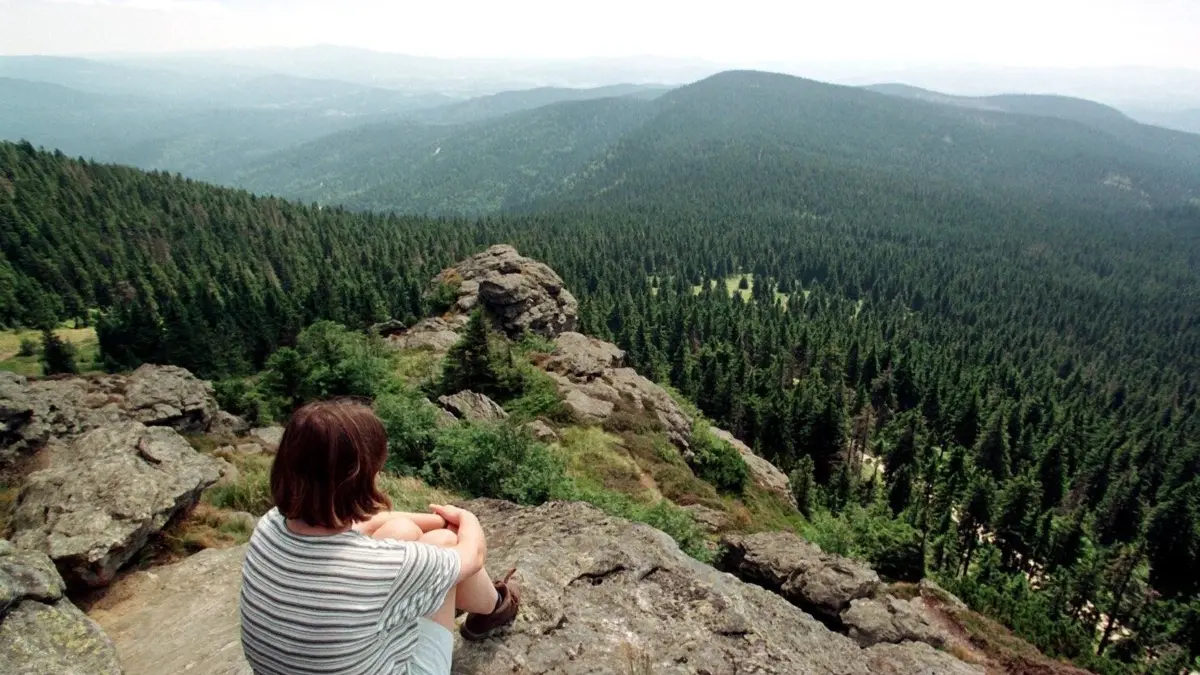Eine Wanderin genießt den Blick vom 1456 Meter hohen Großen Arber bei Bayerisch Eisenstein (Lkr. Regen) auf die Höhenzüge des Bayerischen Waldes (Archivbild vom 11.08.2000). Mit einem großen Festprogramm ist am Samstag (07.10.2000) der 30. Geburtstag des ältesten Nationalparks in Deutschland gefeiert worden. Der Nationalpark Bayerischer Wald entwickelte sich seit seiner Einweihung zu einem naturbelassenen Urwald. Er erstreckt sich auf einer Fläche von 24 300 Hektar zwischen Bayerisch Eisenstein und Finsterau, direkt entlang der Grenze zu Tschechien. 1997 war er um 11 000 Hektar erweitert worden und gilt seither zusammen mit dem Böhmischen Wald als größtes zusammenhängendes Waldgebirge Mitteleuropas. dpa/lby (Digitale Fotografie - dpa 0163 am 08.10.2000) +++ dpa-Bildfunk +++