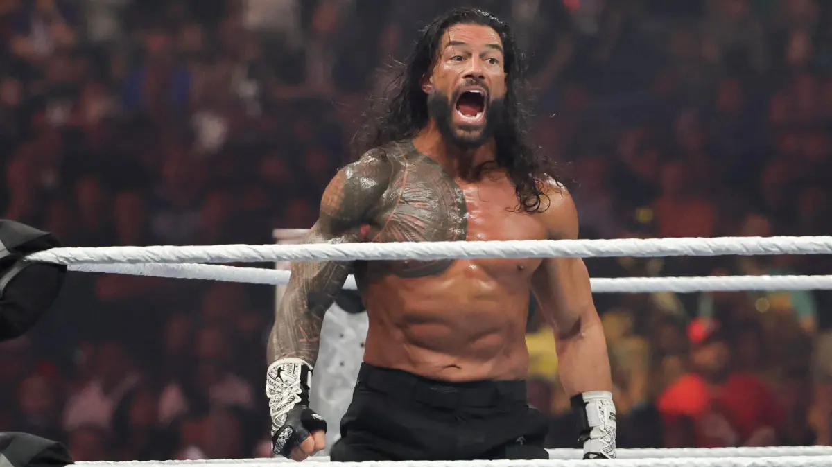 WrestleMania 41: LAS VEGAS, NEVADA - APRIL 19: Roman Reigns yells during his Triple Threat match against CM Punk and Seth Rollins, both not pictured, in WrestleMania 41 at Allegiant Stadium on April 19, 2025 in Las Vegas, Nevada. Ethan Miller/Getty Images/AFP (Photo by Ethan Miller / GETTY IMAGES NORTH AMERICA / Getty Images via AFP)