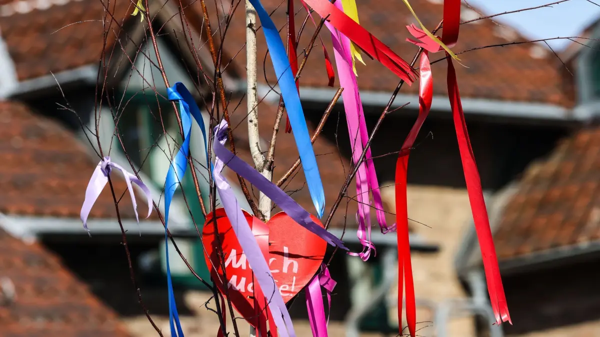 Maibaum in Köln: 30.04.2025, Nordrhein-Westfalen, Köln: Ein Maibaum steht vor einem Wohnhaus. Junge Männer bekunden traditionell mit Maibäumen vor dem Haus der Angebeteten ihre Zuneigung. Foto: Oliver Berg/dpa +++ dpa-Bildfunk +++