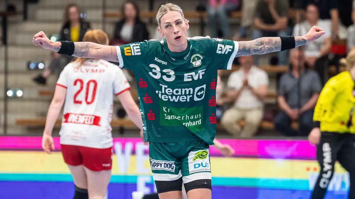 Frisch Auf Goeppingen vs. HB Ludwigsburg, Handball, 1. Bundesliga, Play-Offs, Spielzeit 2024/2025, 30.04.2025: Luisa Schulze (Frisch Auf Frauen, #33) jubelt nach einem Tor, Frisch Auf Goeppingen vs. HB Ludwigsburg, Handball, 1. Bundesliga, Play-Offs, Spielzeit 2024/2025, 30.04.2025
Foto: EIBNER/Michael Schmidt