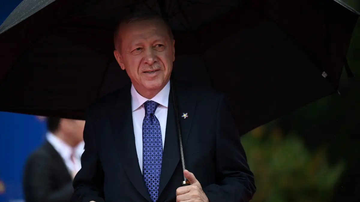 Turkey's President Recep Tayyip Erdogan arrives for the European Political Community (EPC) summit, in Tirana on May 16, 2025. (Photo by Armend NIMANI / AFP)