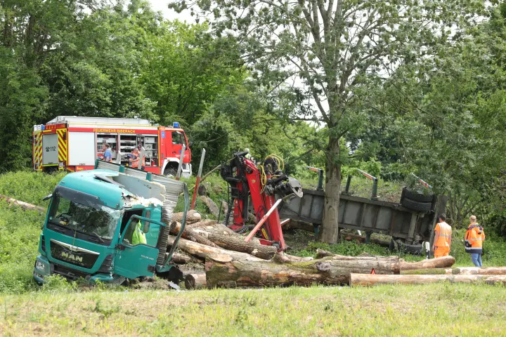 Baumstämme landen nach Unfall auf Straße