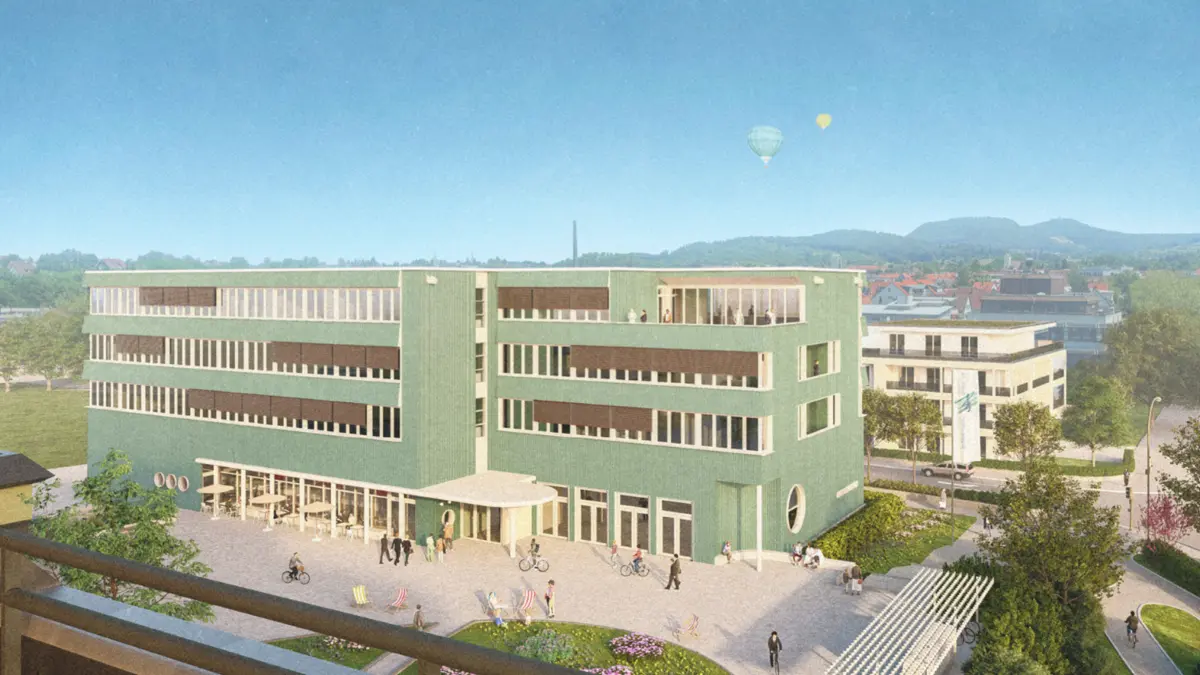 So wie in dieser Visualisierung dargestellt könnte er künftig aussehen, der Blick vom vierten Obergeschoss des Mössinger Rathauses auf den Rathausplatz und das Haus der Region.