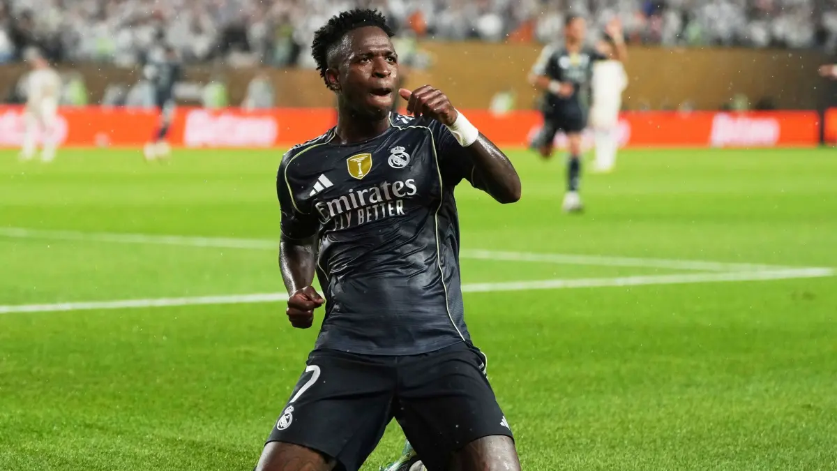 RB Salzburg - Real Madrid: 26.06.2025, USA, Philadelphia: Fußball: Club-WM, Vorrunde, Gruppe H, 3. Spieltag, RB Salzburg - Real Madrid. Vinicius Junior von Real Madrid jubelt nach dem ersten Tor seiner Mannschaft. Foto: Matt Slocum/AP/dpa +++ dpa-Bildfunk +++